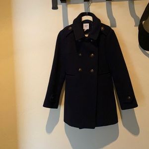 Navy blue coat.